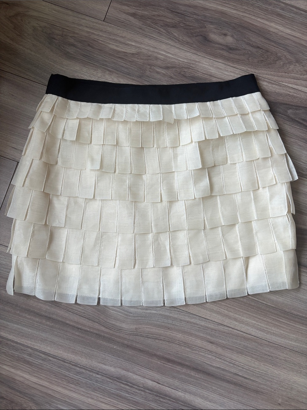 100% Silk J. Crew Cream Tiered Mini Skirt with Black Waistband